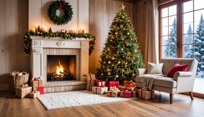 Cozy Christmas living room scene by fireplace
