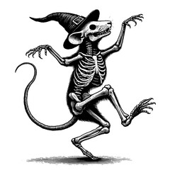 Spooky halloween illustration of dancing rat skeleton wearing witch hat. Halloween design includes creepy rat skeleton in dynamic pose with long tail.