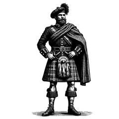 Fototapeta premium Highland warrior in traditional kilt and tam o'shanter. full lengh Image shows a man dressed in full regalia, including a plaid kilt, jacket, and sporran. This illustration is perfect for print, card,
