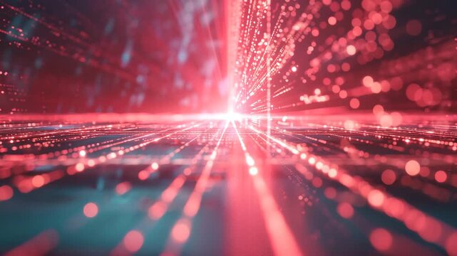 visual of the double-slit experiment, light particles splitting and forming interference on a glowing detector screen