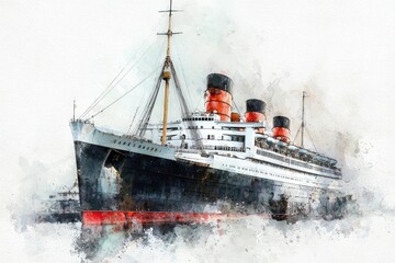 Ocean liner docked, harbor, waterfront, city skyline, travel poster art