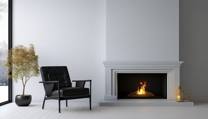 black chair in the white room and fireplace 3d rendering