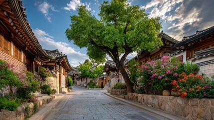 Korean Village Street Sunset, Historic Architecture, Scenic Pathway, Blooming Flowers, Peaceful Atmosphere, Travel Tourism