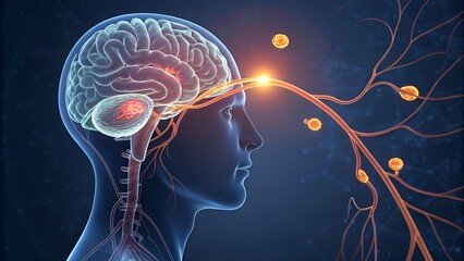 3D rendering of the hypothalamus and pituitary gland — hormones being released into the bloodstream, feedback loop glowing in real time