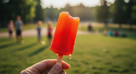 Hand holding a bitten red popsicle on a sunny day in a park