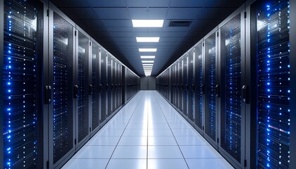 Dark server room corridor, lined with racks, lit by blue LEDs