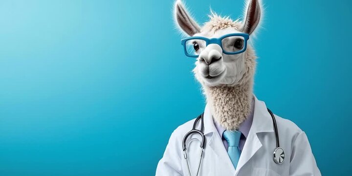 Llama dressed in professional doctor scrubs with glasses for a medical and healthcare career using artificial intelligence technology and advanced AI and machine learning models