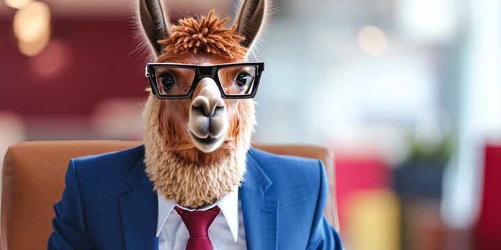 Llama dressed in professional business suit with glasses for a career using artificial intelligence technology and advanced AI and machine learning models