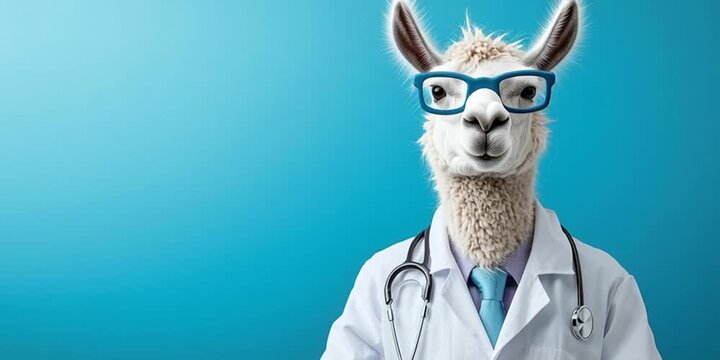 Llama dressed in professional doctor scrubs with glasses for a medical and healthcare career using artificial intelligence technology and advanced AI and machine learning models