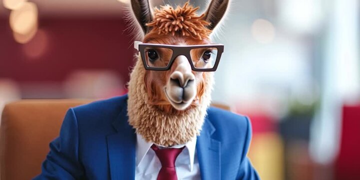 Llama dressed in professional business suit with glasses for a career using artificial intelligence technology and advanced AI and machine learning models