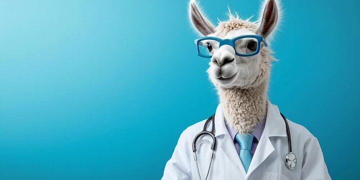 Llama dressed in professional doctor scrubs with glasses for a medical and healthcare career using artificial intelligence technology and advanced AI and machine learning models