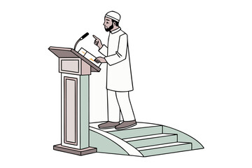 Muslim teacher instructs students with book and pointer in classroom setting