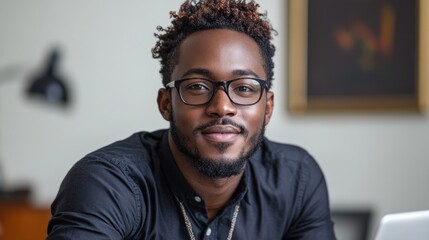 Fototapeta premium Confident Young Black Professional with Stylish Glasses and a Warm, Direct Gaze