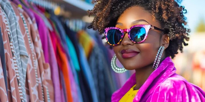 A professional black woman entrepreneur standing in her yard sale - rummage sale and estate sale concept with african american adult