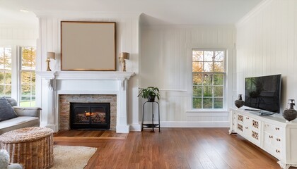 beautiful white farmhouse style living room in new luxury home features hardwood floors white shiplap fireplace and built in with tv
