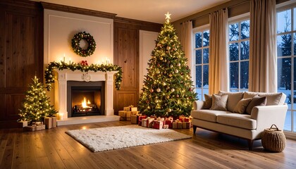 Cozy Christmas living room with a fireplace and tree
