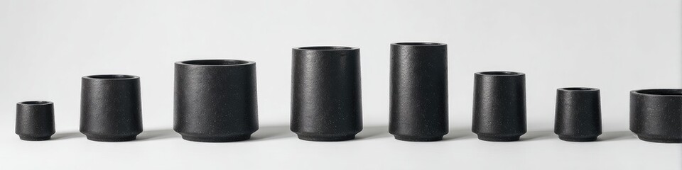 Row of various sized black cylindrical planters