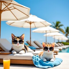 Two cats are lounging on poolside sunbeds