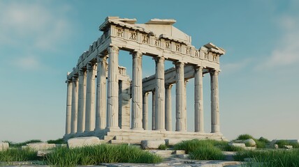 Obraz premium Ancient Greek temple ruins with columns and blue sky architecture stone