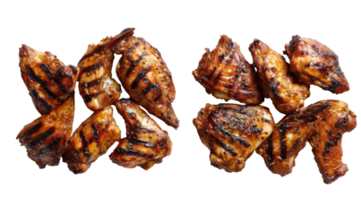 Top-down view of grilled chicken pieces arranged in a symmetrical pattern