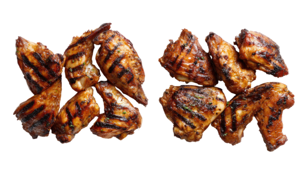 Top-down view of grilled chicken pieces arranged in a symmetrical pattern