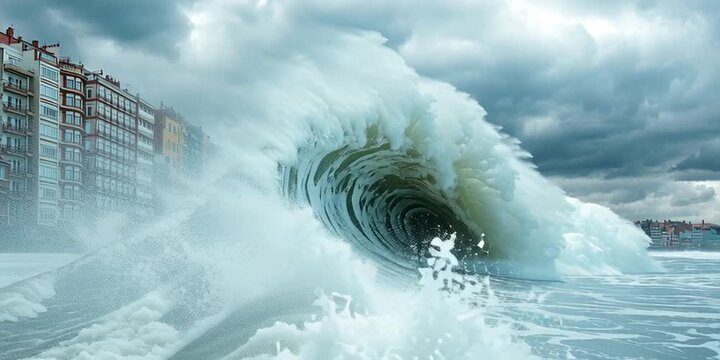 tidal wave from the ocean washes over the street flooding it with water in a coastal city