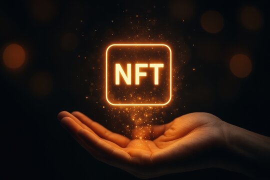 Illuminated NFT Symbol in a Hand, Representing Digital Ownership and Cryptocurrency Innovations in a Modern and Abstract Context