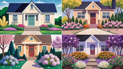 Vector set showing cozy home exteriors with green front yards during late spring. Ideal for real estate, eco-living, gardening, landscaping, and seasonal banner themes