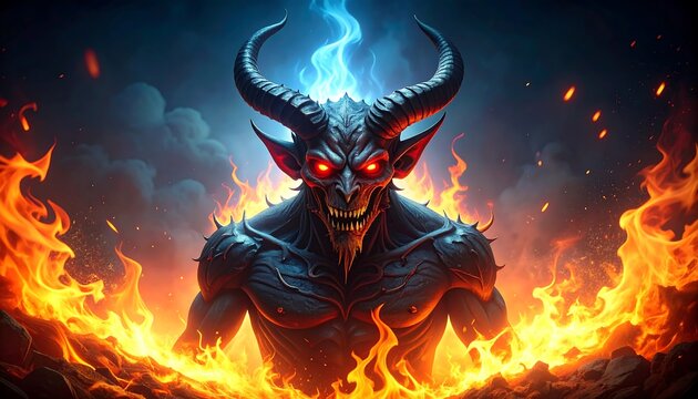 Fiery demon lord.  Emerging from flames, a dark, horned demon with glowing red eyes and a menacing grin stares forward.  Flames encircle its body