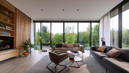 Fototapeta premium interior of modern living room with a wall filled with windows