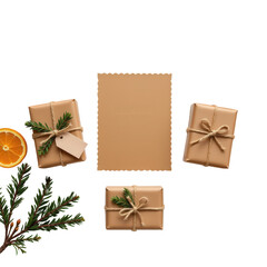 Festive Gift Boxes with Brown Paper and Natural Greenery on Display