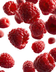 Fresh raspberries in mid-air, vibrant red