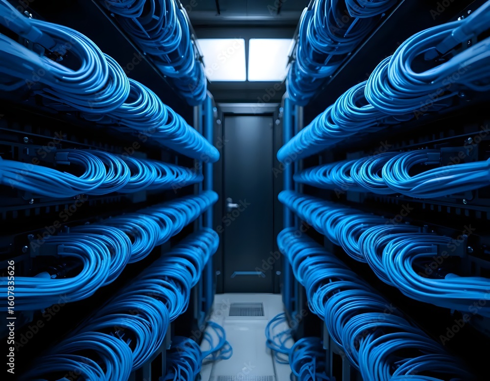 Poster modern data center featuring neatly organized blue network cables for fast, secure communication