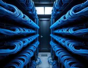 Modern data center featuring neatly organized blue network cables for fast, secure communication