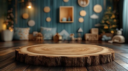 Fototapeta premium Rustic Tree Trunk Podium in a Cozy, Blurred Christmas Nursery with Soft Lights