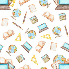 School watercolor seamless pattern. Back to school. Computer science and mathematics. Study, education, science. College, university. Technologies. IT sphere. Lesson, teacher. For printing