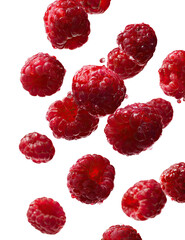 Fresh raspberries in mid-air, vibrant red, against a dark background