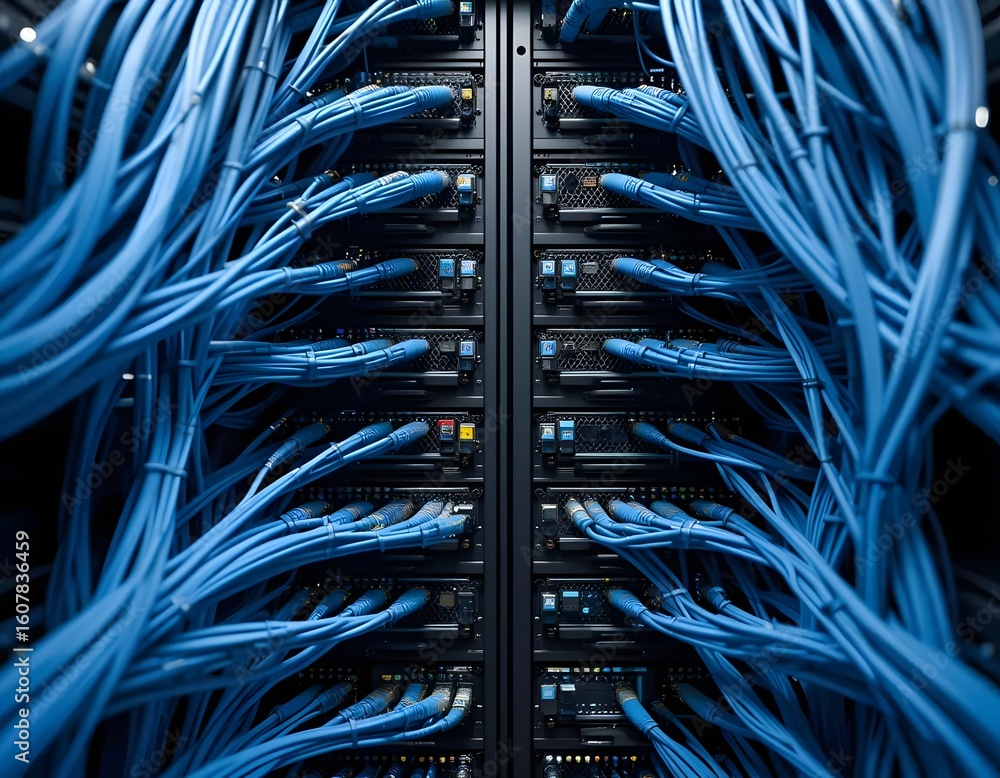 Poster modern server room with vibrant blue ethernet cables connecting powerful data center network infrast