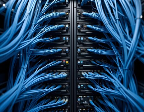 Modern server room with vibrant blue ethernet cables connecting powerful data center network infrastructure