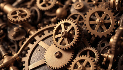 Detailed arrangement of brass gears in industrial steampunk style  