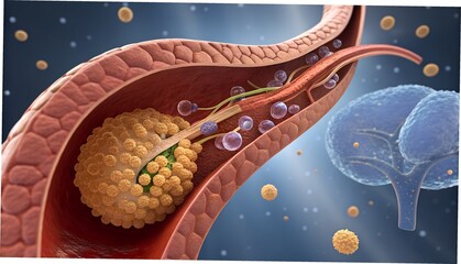 Detailed cinematic cutaway of the pancreas — islets of Langerhans shown releasing insulin and glucagon, glucose molecules nearby