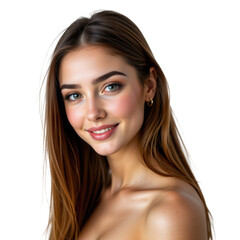 Fototapeta premium Portrait of a Smiling Young Woman with Long Hair and Natural Makeup