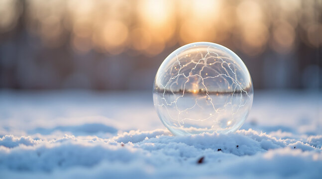 Transparent soap bubble resting on snow during winter sunset  