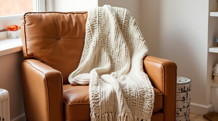Cozy chair with knitted blanket in modern living room setting  