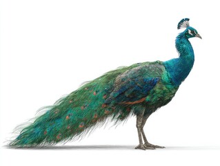 Peacock, vibrant plumage, profile view