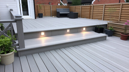 Composite decking in ash grey with two levels deck lights and ideal for a landscape gardener