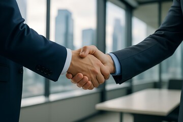 Successful business handshake closing deal in modern office with bright window view