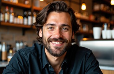 Obraz premium Smiling young man with dark hair and beard in a cozy cafe setting
