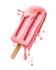 A melting pink popsicle with dripping,  spattered,  and splash-like  melt