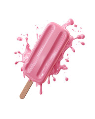 A vibrant pink popsicle with melting drips and splashes